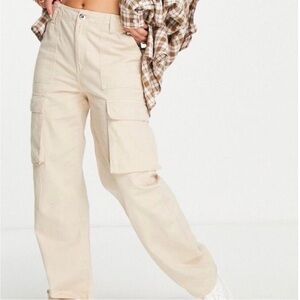 Bershka Medium Rise Beige Cargo Pants